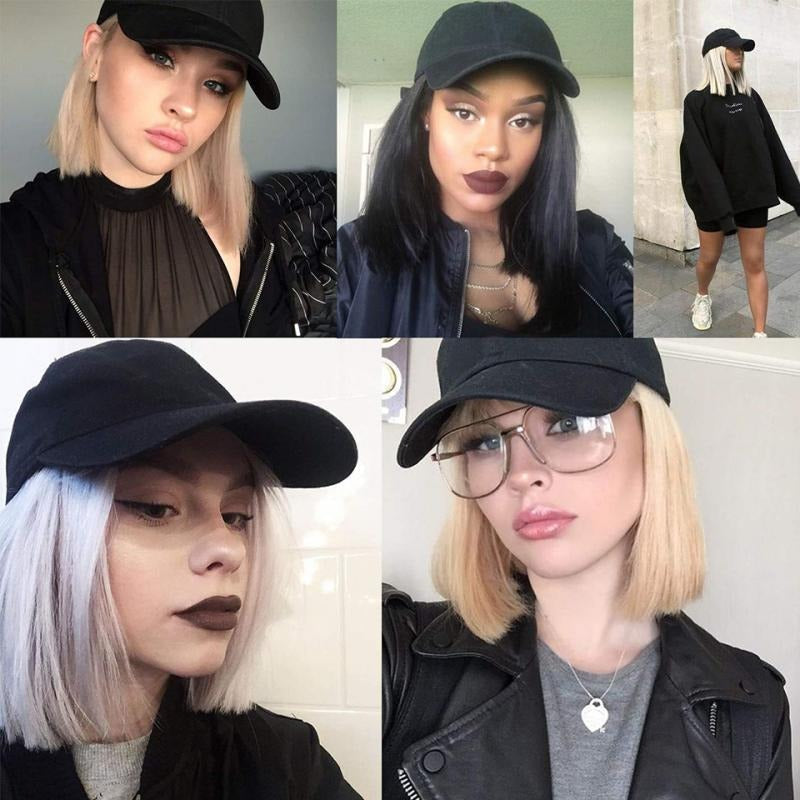 Women's Adjustable Baseball Cap with Natural Short Straight Hair Extensions