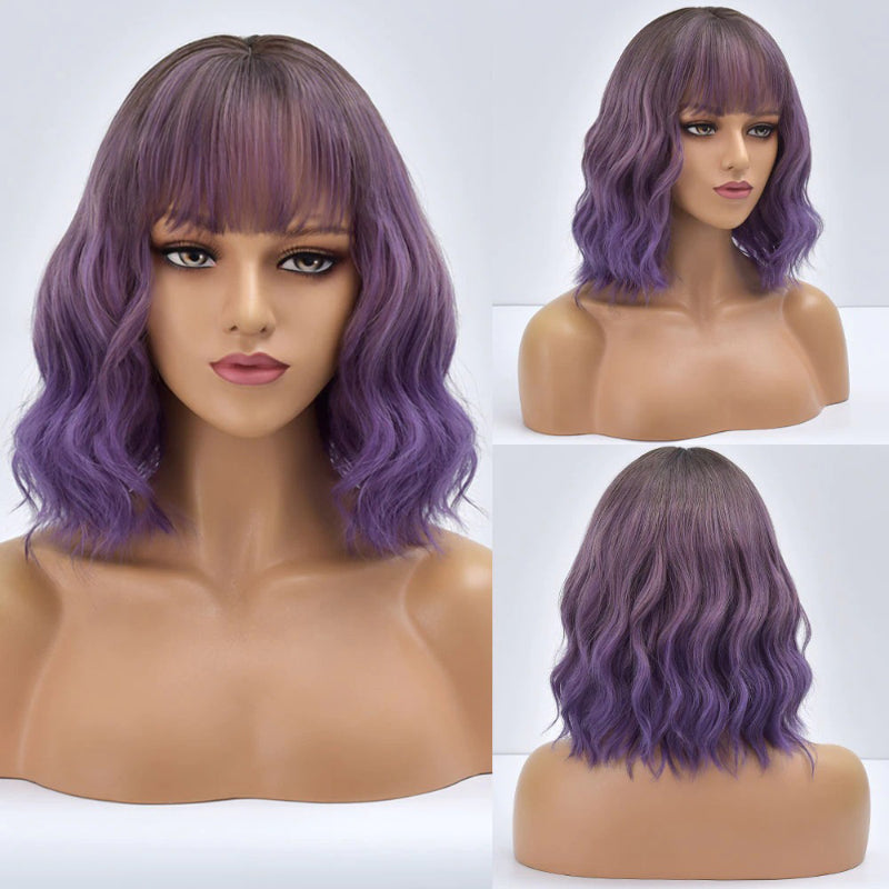 Women's Bob Wig Purple Ombre Wavy High-Temperature Fiber