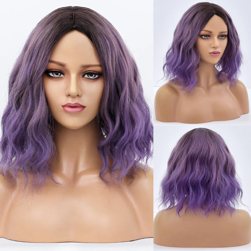 Women's Bob Wig Purple Ombre Wavy High-Temperature Fiber