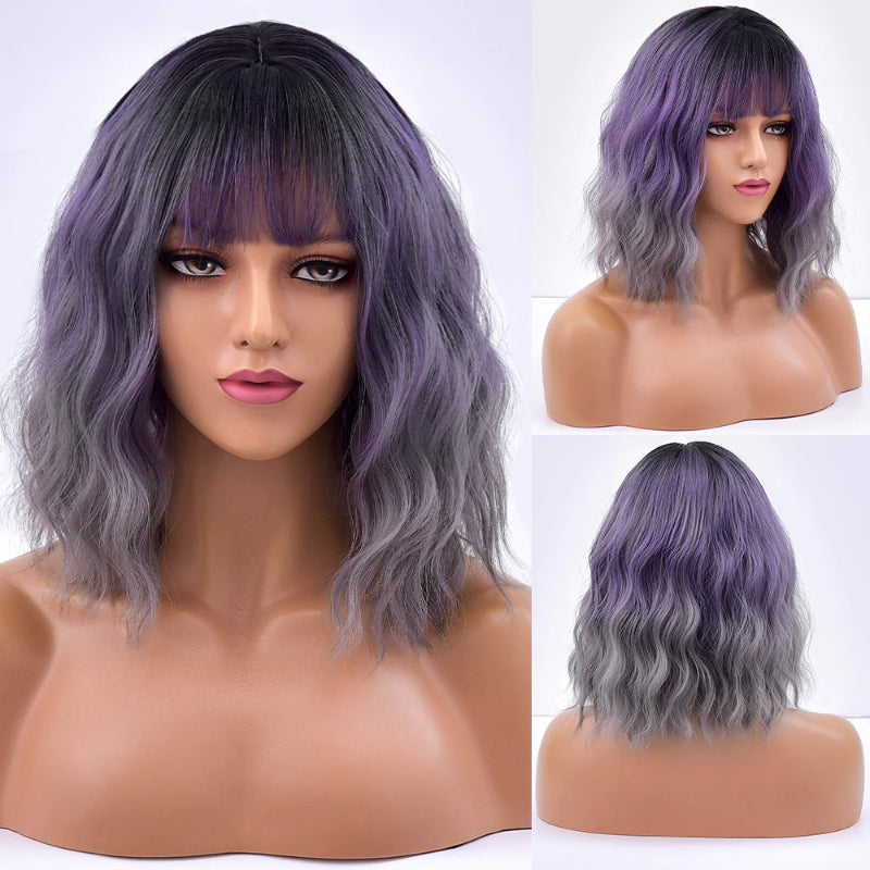 Women's Bob Wig Purple Ombre Wavy High-Temperature Fiber
