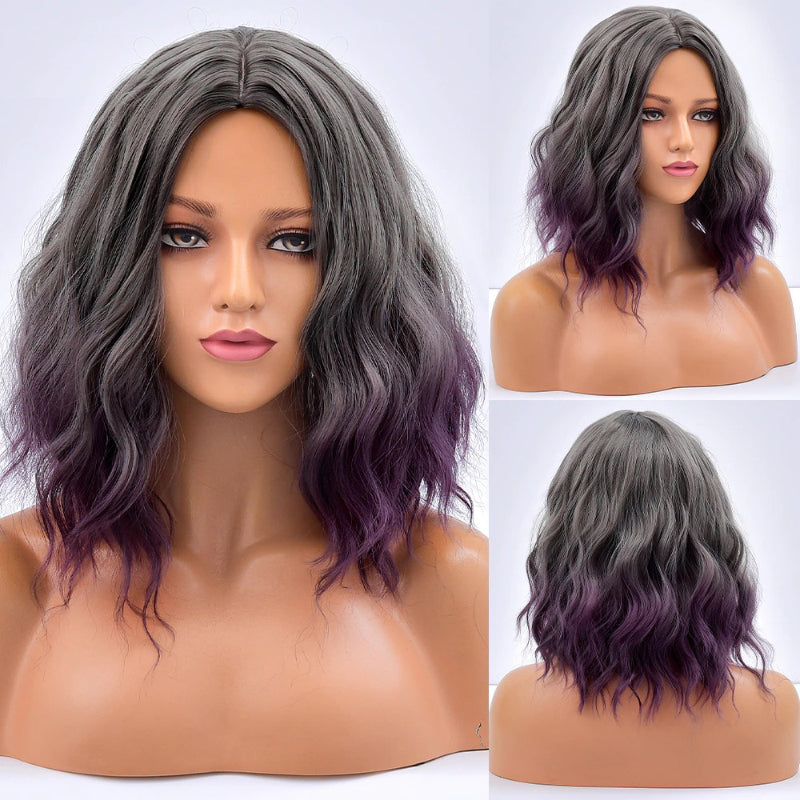 Women's Bob Wig Purple Ombre Wavy High-Temperature Fiber