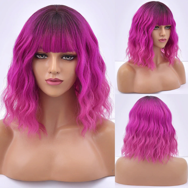 Women's Bob Wig Purple Ombre Wavy High-Temperature Fiber