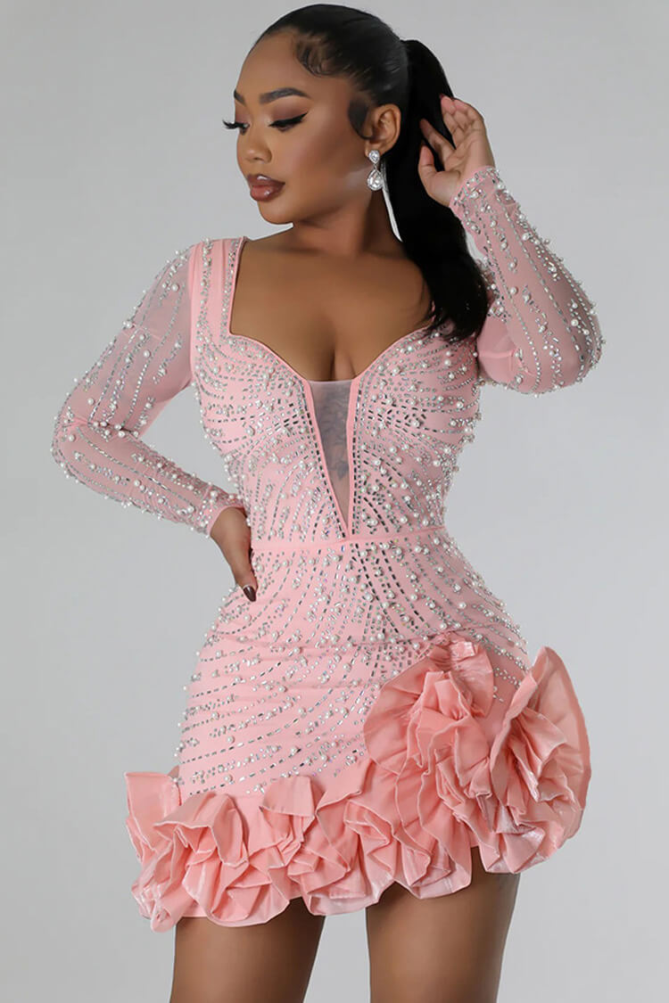 Women's Bodycon Mini Dress Black Mesh Polyester with Crystal Embellishments