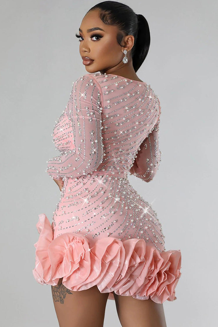 Women's Bodycon Mini Dress Black Mesh Polyester with Crystal Embellishments