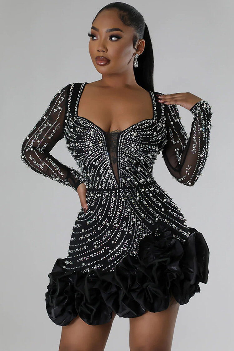 Women's Bodycon Mini Dress Black Mesh Polyester with Crystal Embellishments