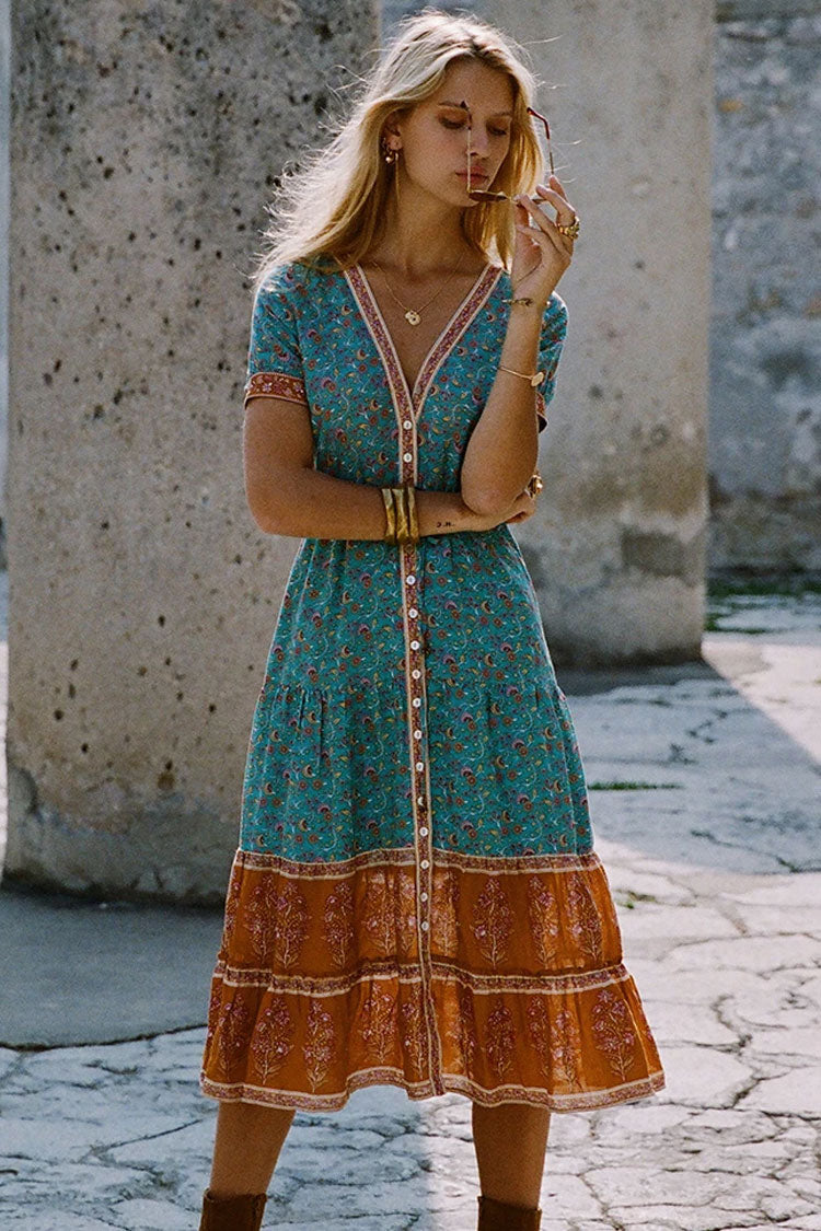 Women's Boho Dress Teal Blue Cotton Floral Print Summer Dress