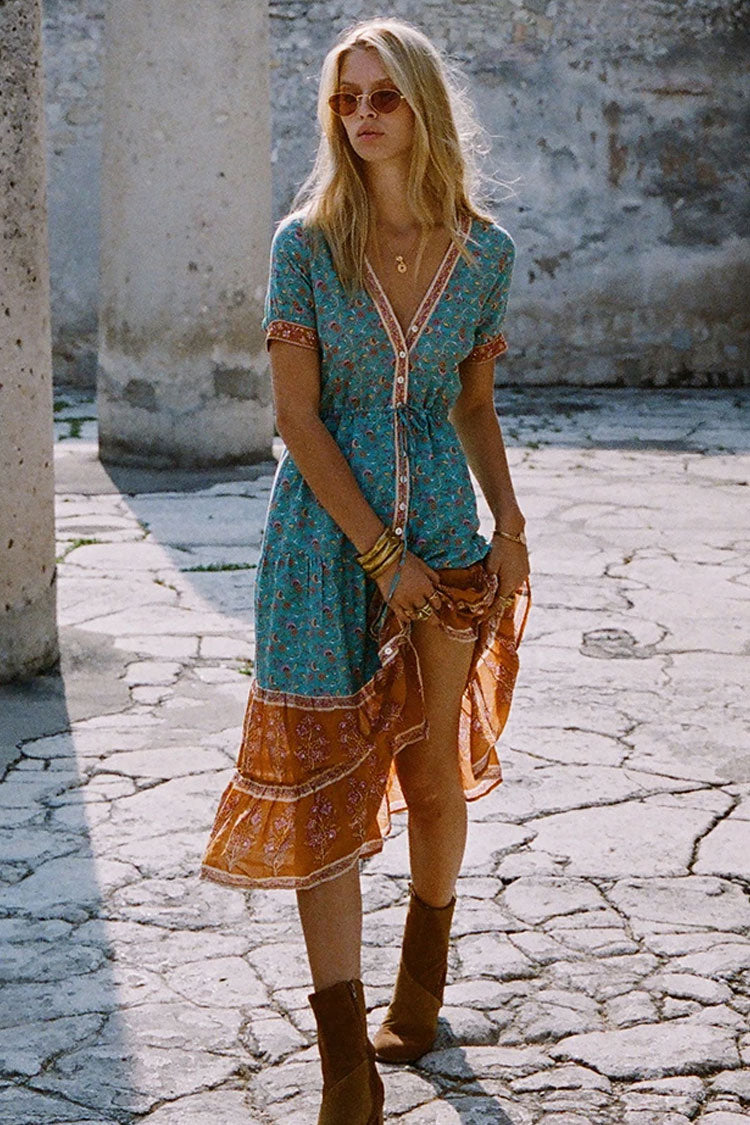 Women's Boho Dress Teal Blue Cotton Floral Print Summer Dress