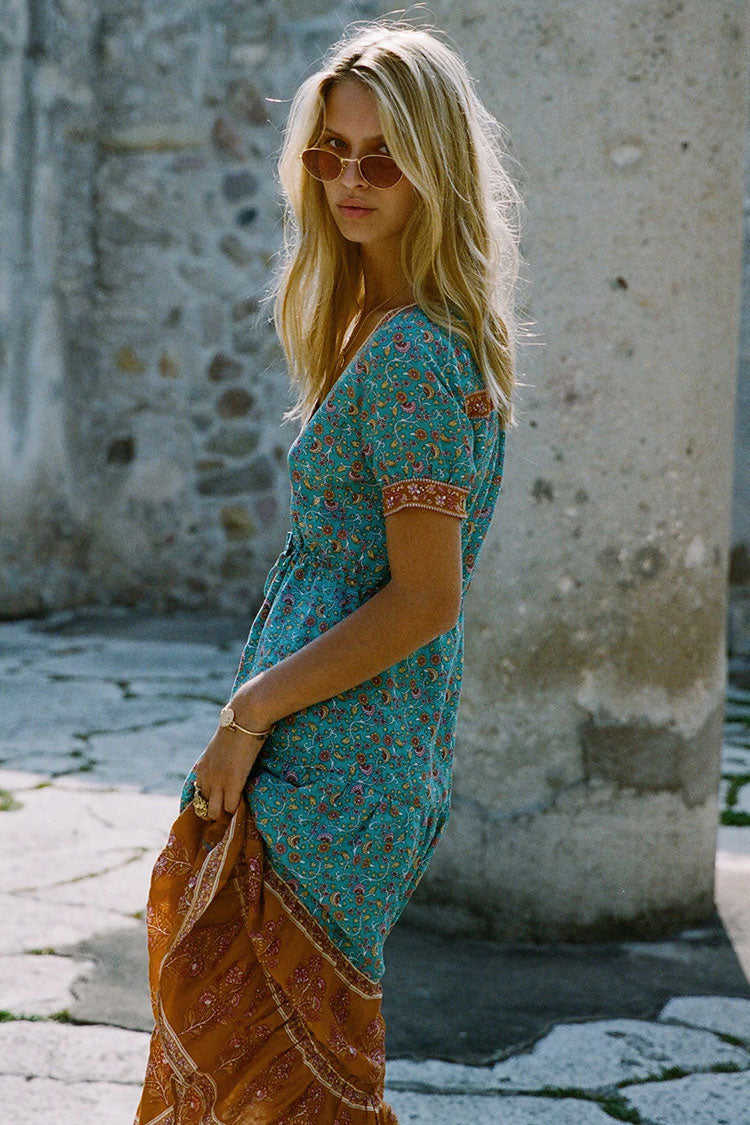 Women's Boho Dress Teal Blue Cotton Floral Print Summer Dress