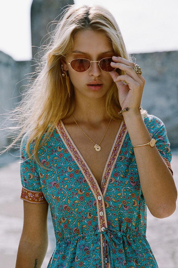 Women's Boho Dress Teal Blue Cotton Floral Print Summer Dress