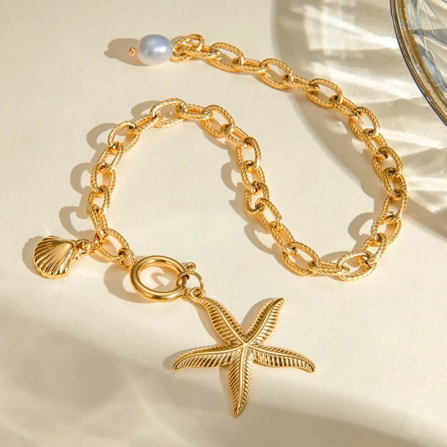 Women's Bracelet Gold Stainless Steel Freshwater Pearl Ocean-Inspired