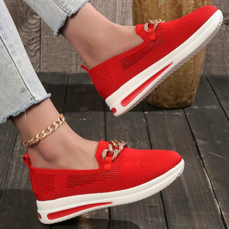 Women's Breathable Mesh Slip-On Sneakers with Cushioned Sole and Chain Detail