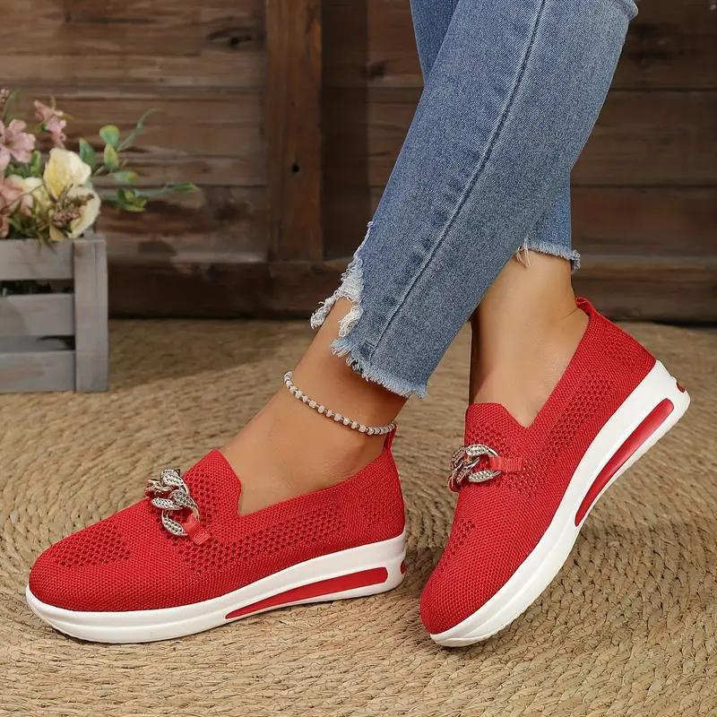 Women's Breathable Mesh Slip-On Sneakers with Cushioned Sole and Chain Detail