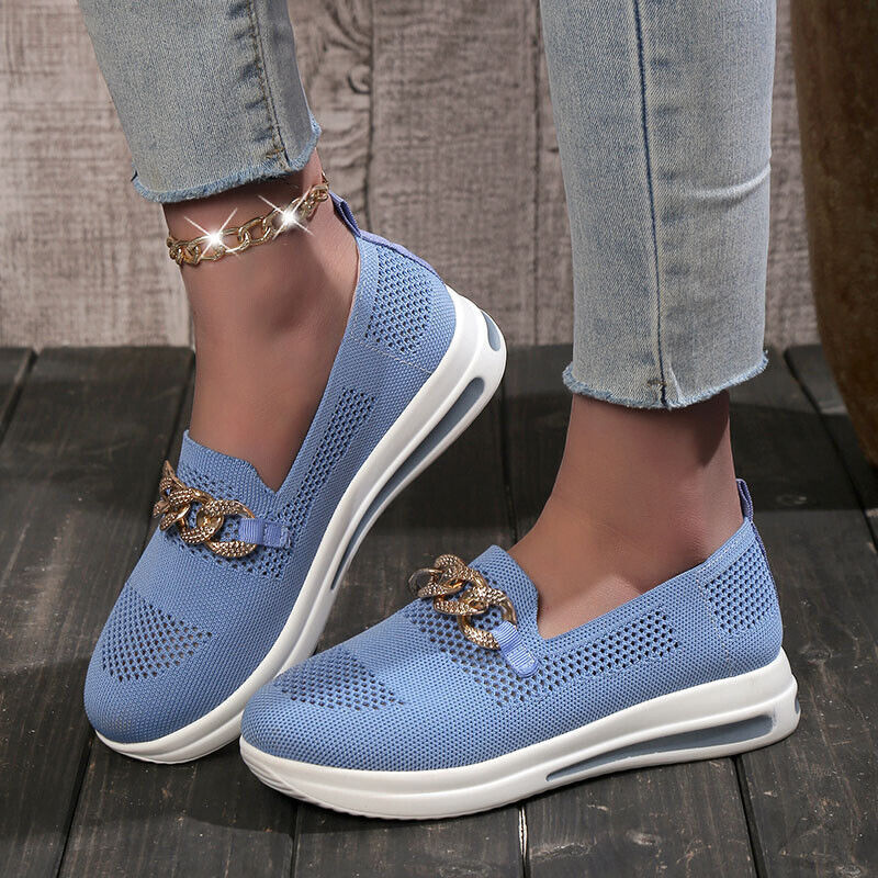 Women's Breathable Mesh Slip-On Sneakers with Cushioned Sole and Chain Detail