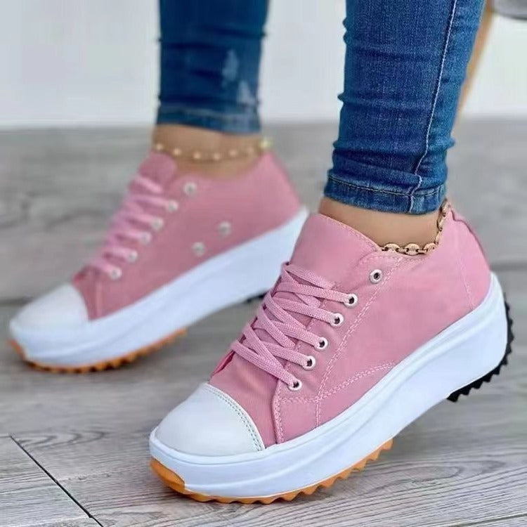 Women's Canvas Platform Sneakers with Lace-Up Design and Thick Sole for Casual Style
