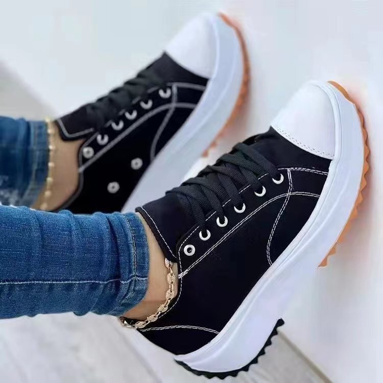 Women's Canvas Platform Sneakers with Lace-Up Design and Thick Sole for Casual Style