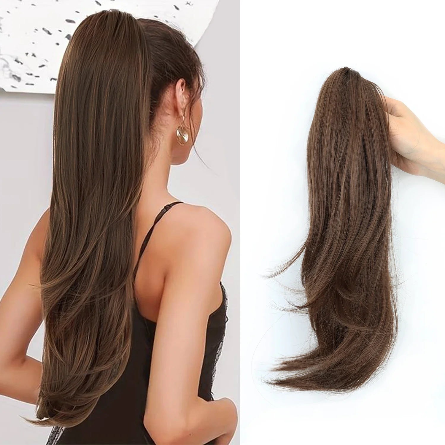 Women's Clip In Ponytail Extension 18 Inch Wavy Black Brown Synthetic