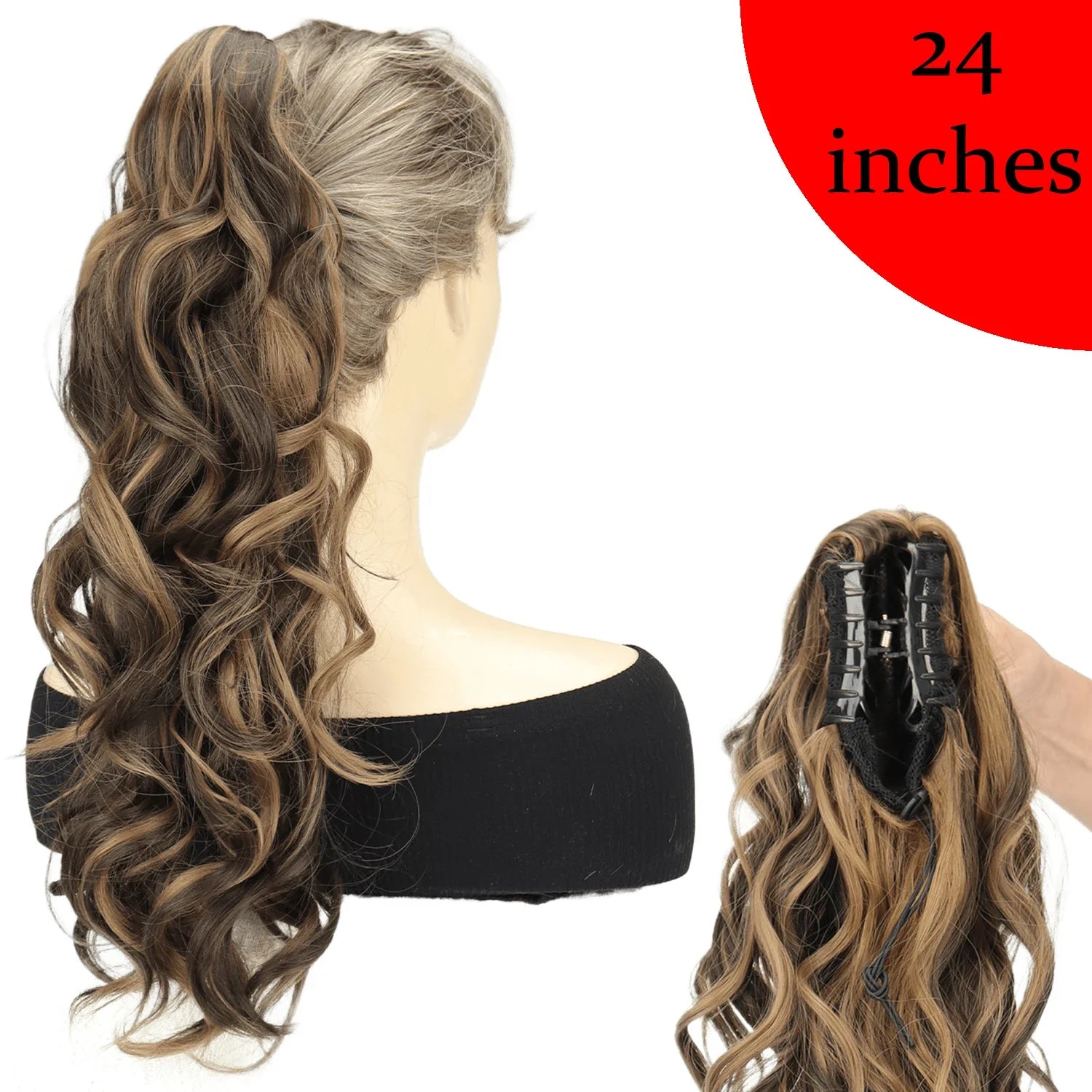 Women's Clip In Ponytail Extension 18 Inch Wavy Black Brown Synthetic