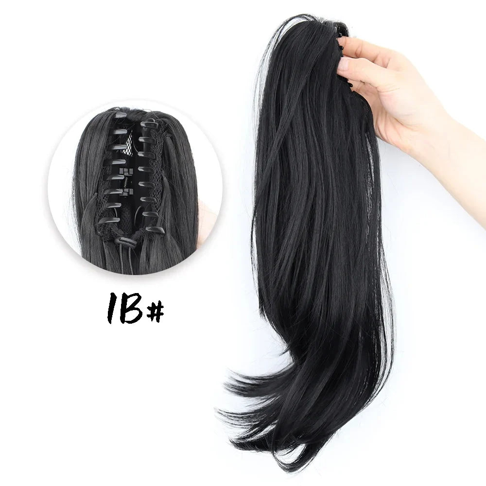 Women's Clip In Ponytail Extension 18 Inch Wavy Black Brown Synthetic