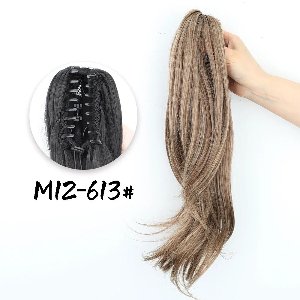 Women's Clip In Ponytail Extension 18 Inch Wavy Black Brown Synthetic