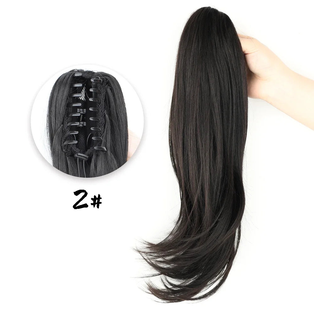 Women's Clip In Ponytail Extension 18 Inch Wavy Black Brown Synthetic