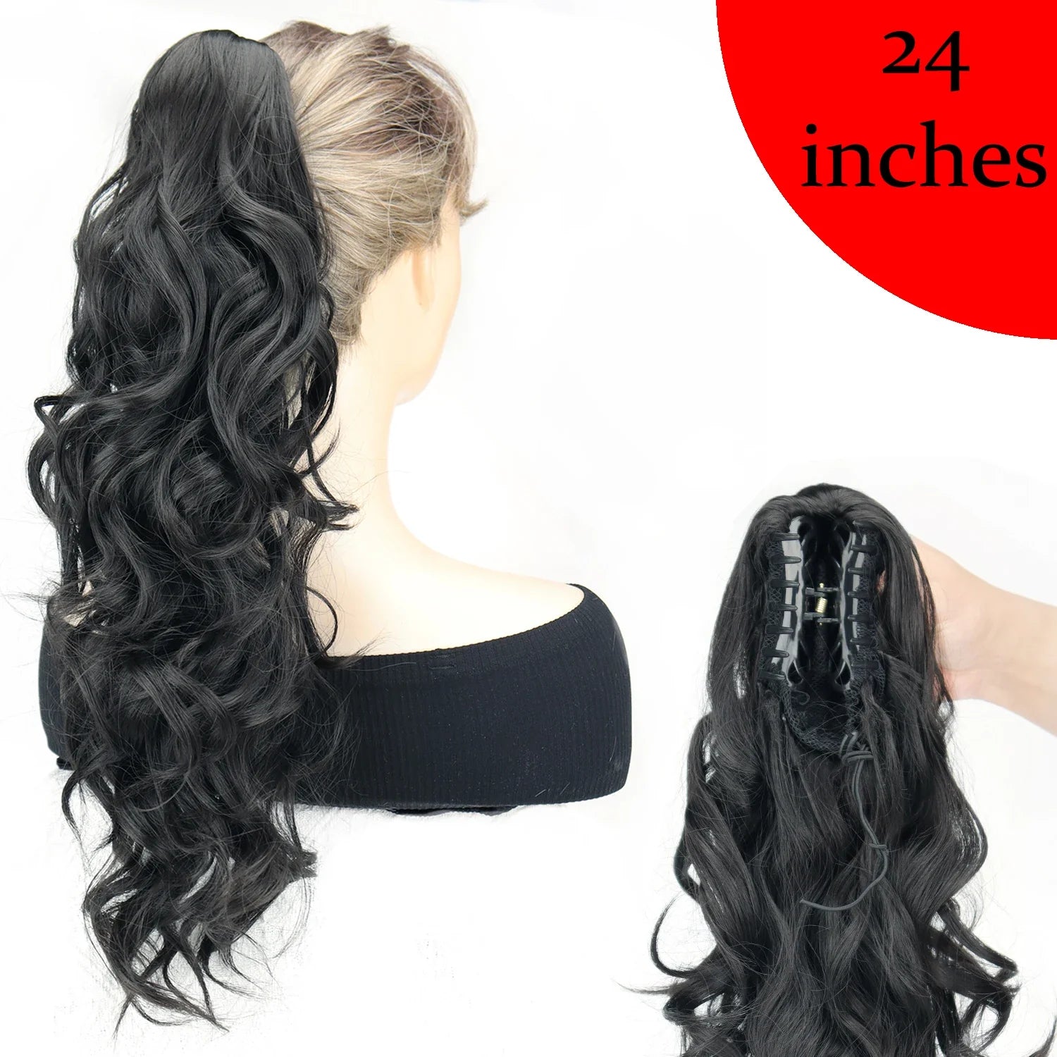 Women's Clip In Ponytail Extension 18 Inch Wavy Black Brown Synthetic