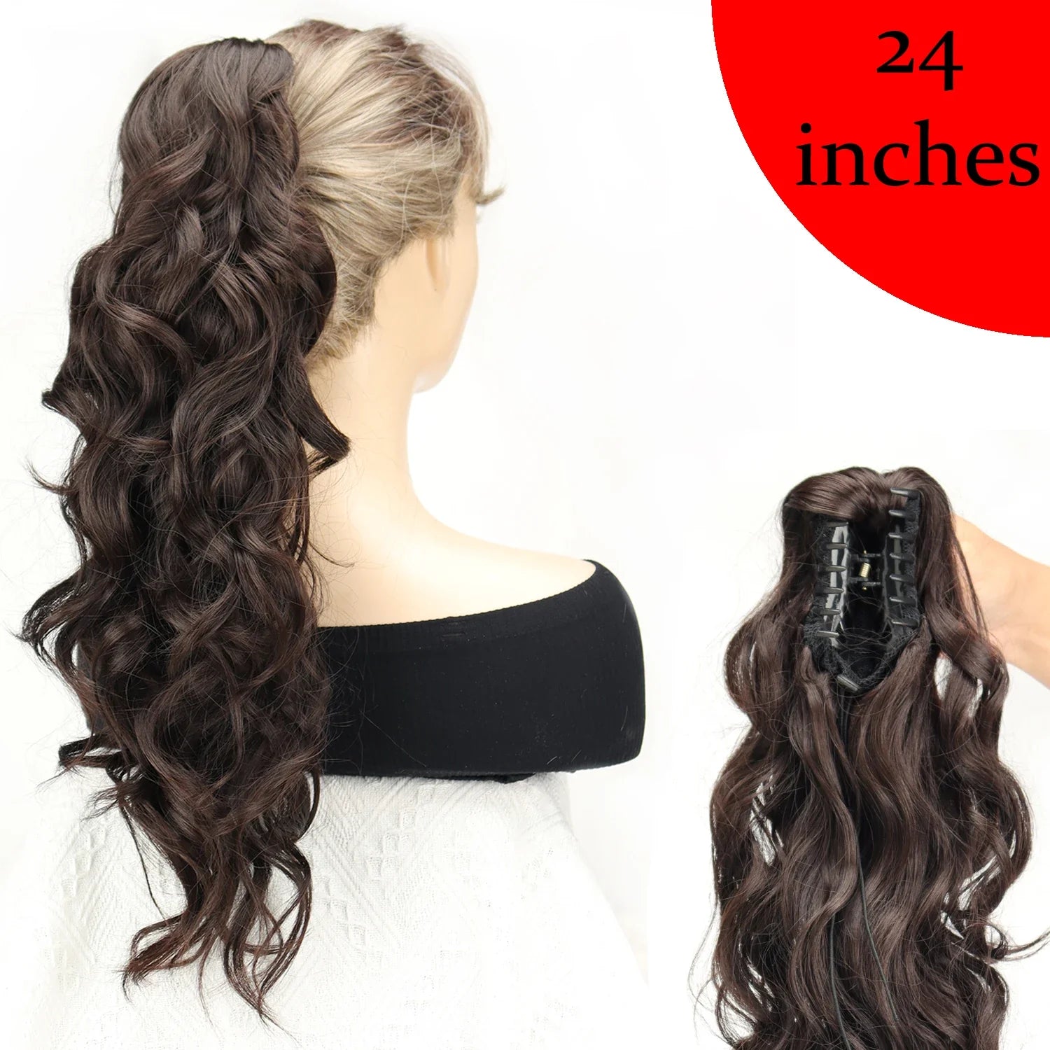Women's Clip In Ponytail Extension 18 Inch Wavy Black Brown Synthetic