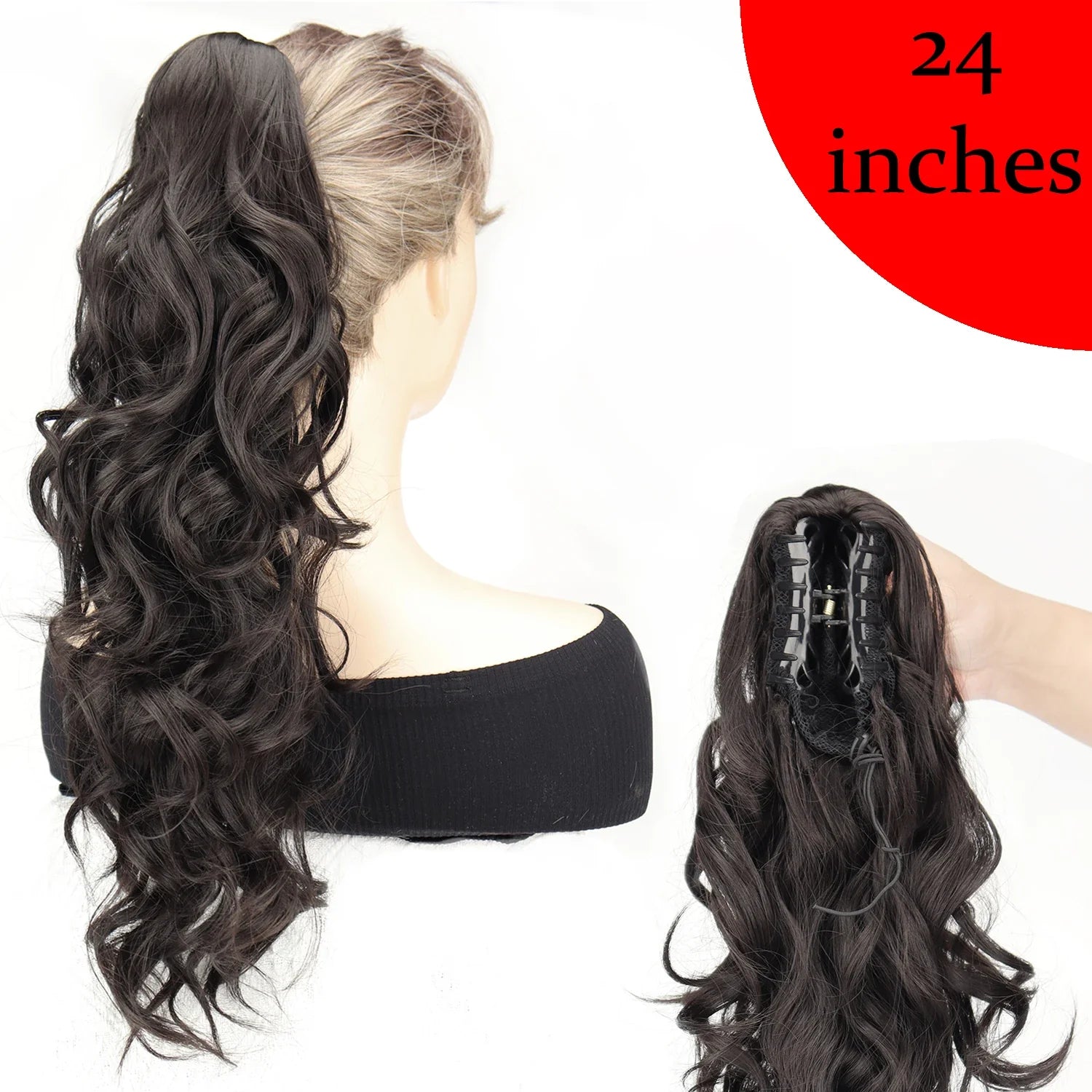 Women's Clip In Ponytail Extension 18 Inch Wavy Black Brown Synthetic