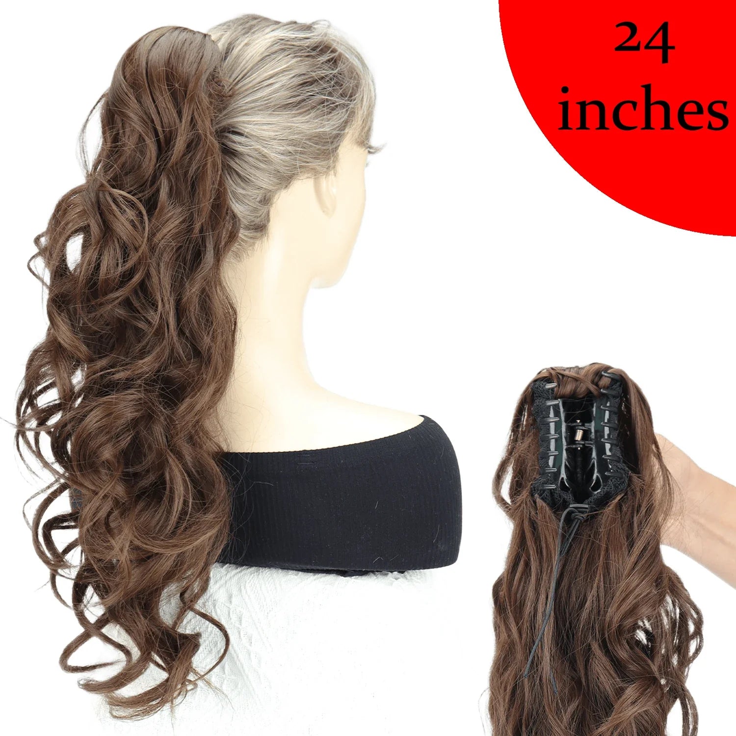 Women's Clip In Ponytail Extension 18 Inch Wavy Black Brown Synthetic