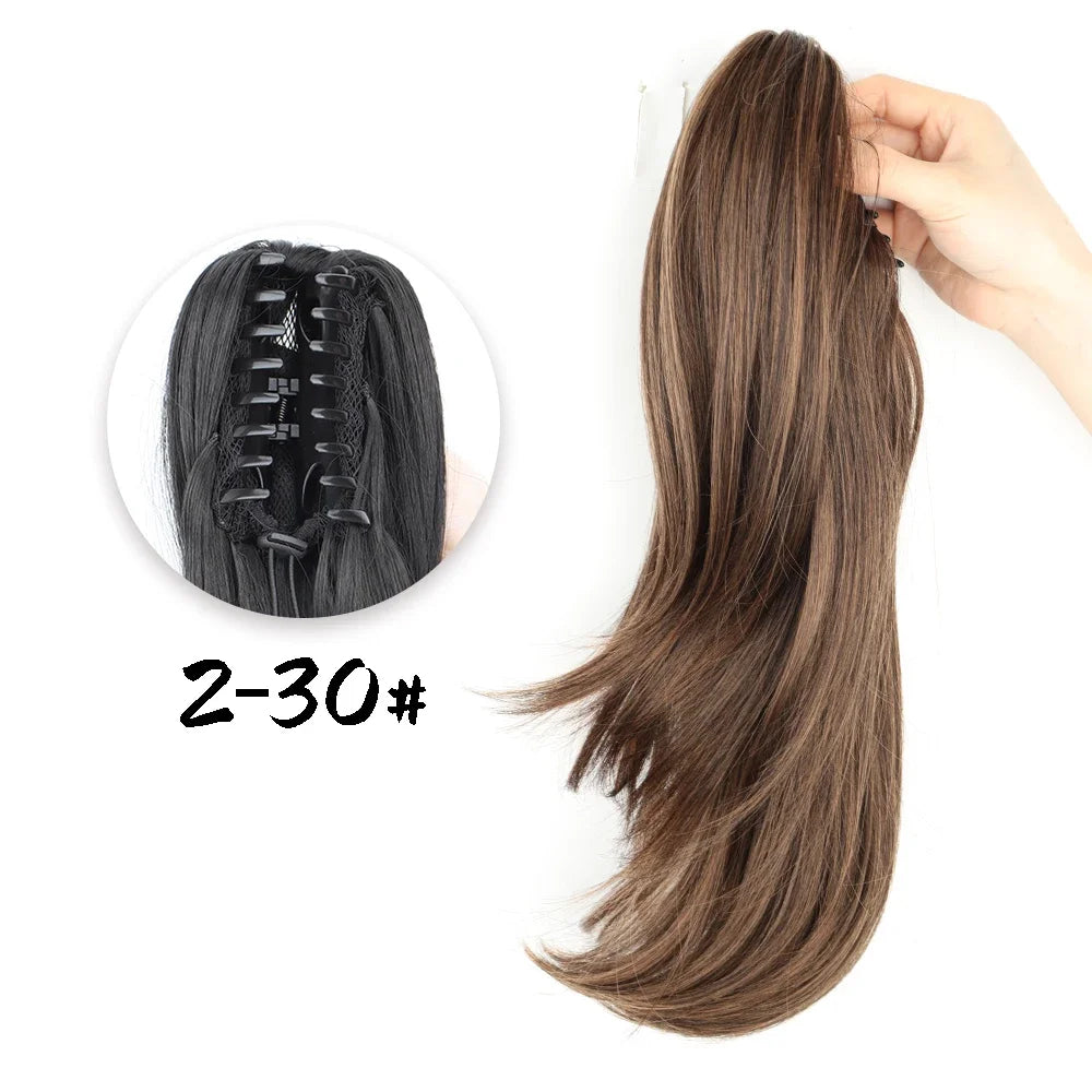 Women's Clip In Ponytail Extension 18 Inch Wavy Black Brown Synthetic