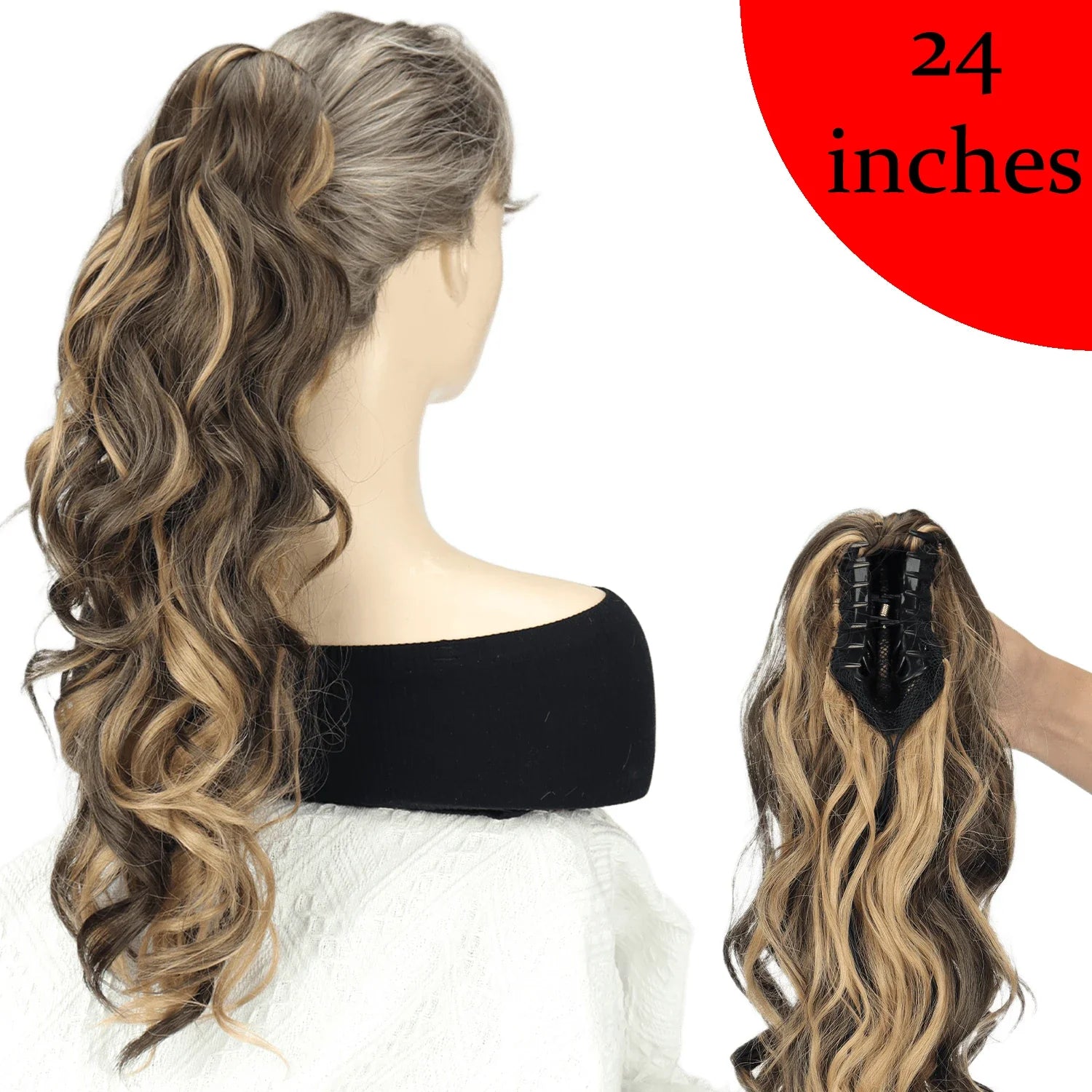 Women's Clip In Ponytail Extension 18 Inch Wavy Black Brown Synthetic