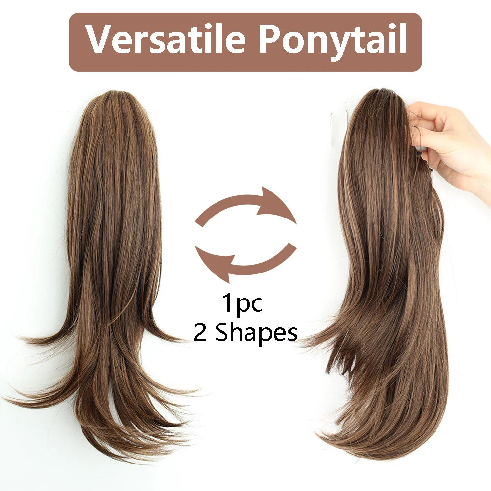 Women's Clip In Ponytail Extension 18 Inch Wavy Black Brown Synthetic