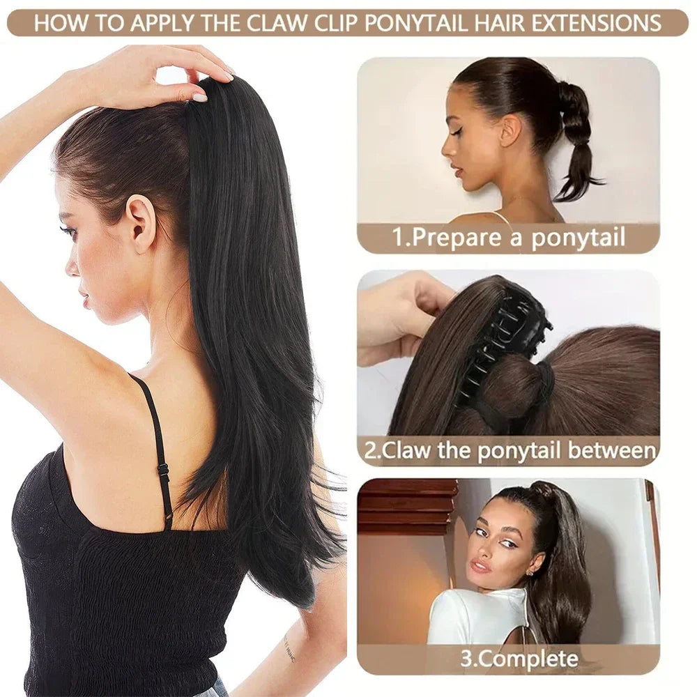 Women's Clip In Ponytail Extension 18 Inch Wavy Black Brown Synthetic
