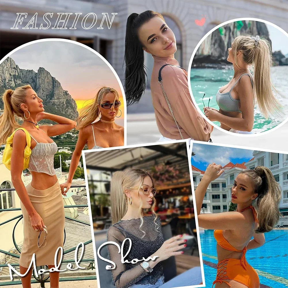 Women's Clip In Ponytail Extension 18 Inch Wavy Black Brown Synthetic