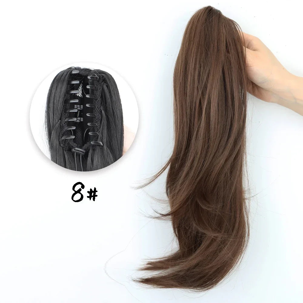 Women's Clip In Ponytail Extension 18 Inch Wavy Black Brown Synthetic