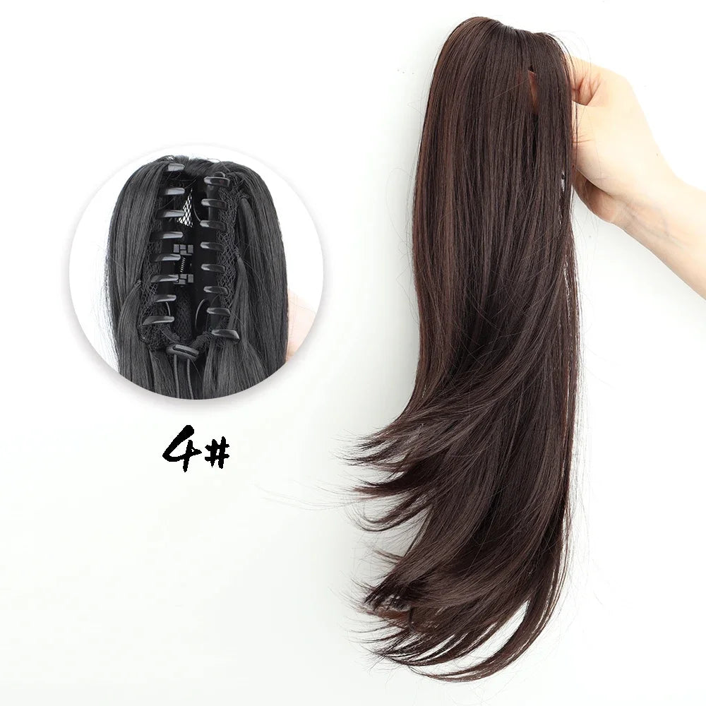 Women's Clip In Ponytail Extension 18 Inch Wavy Black Brown Synthetic