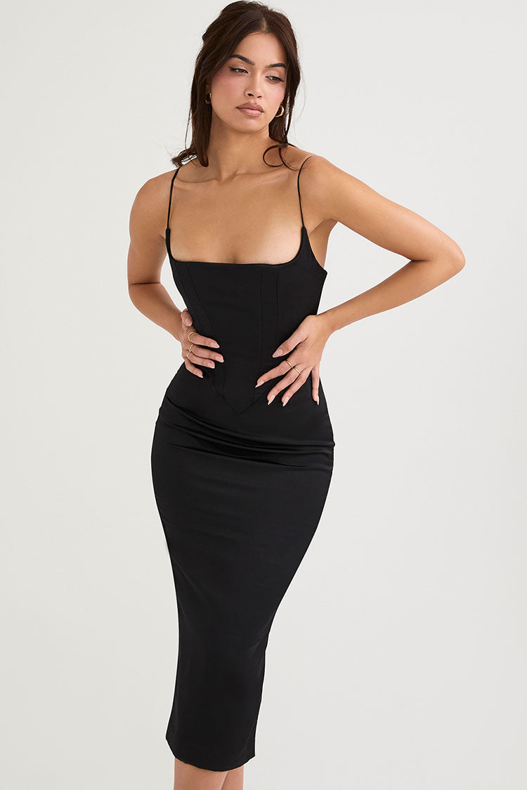 Women's Cocktail Dress Black Satin Cami Midi