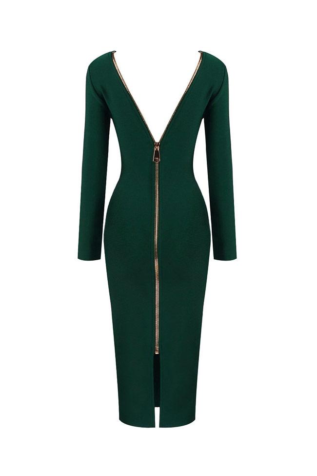 Women's Cocktail Dress Emerald Green Polyester Deep V Long Sleeve