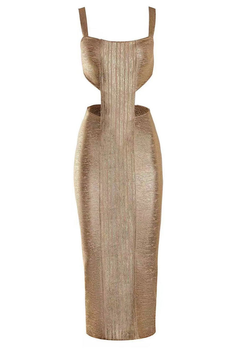 Women's Cocktail Dress Gold Metallic Bandage Midi