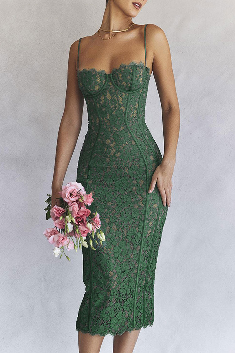 Women's Cocktail Dress Green Lace Tea-Length