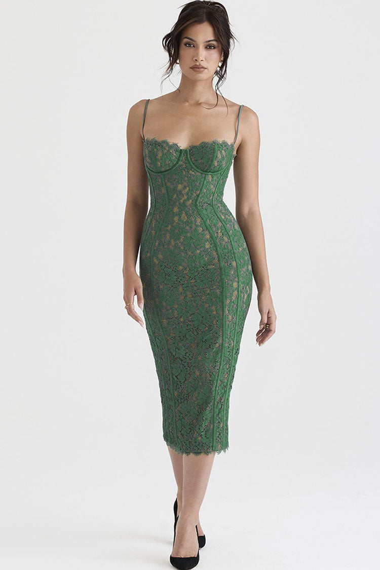 Women's Cocktail Dress Green Lace Tea-Length