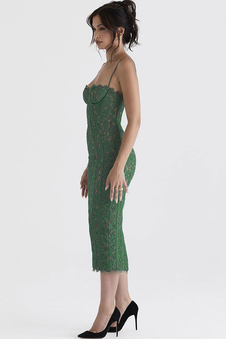 Women's Cocktail Dress Green Lace Tea-Length