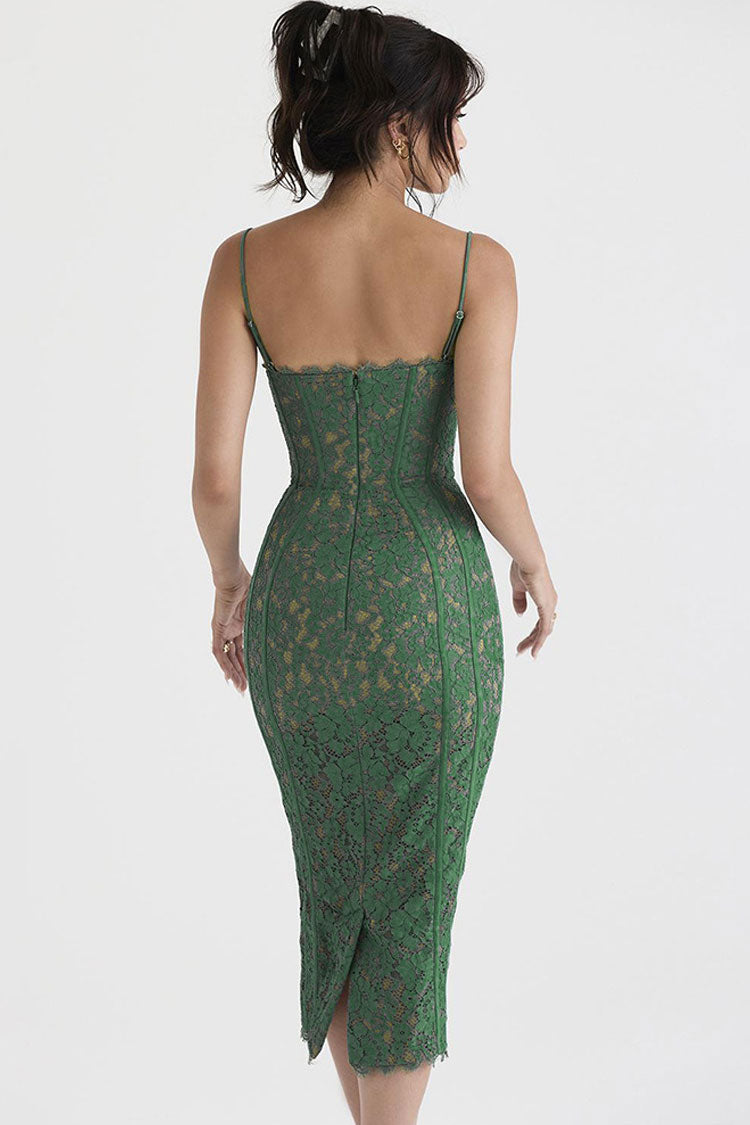 Women's Cocktail Dress Green Lace Tea-Length