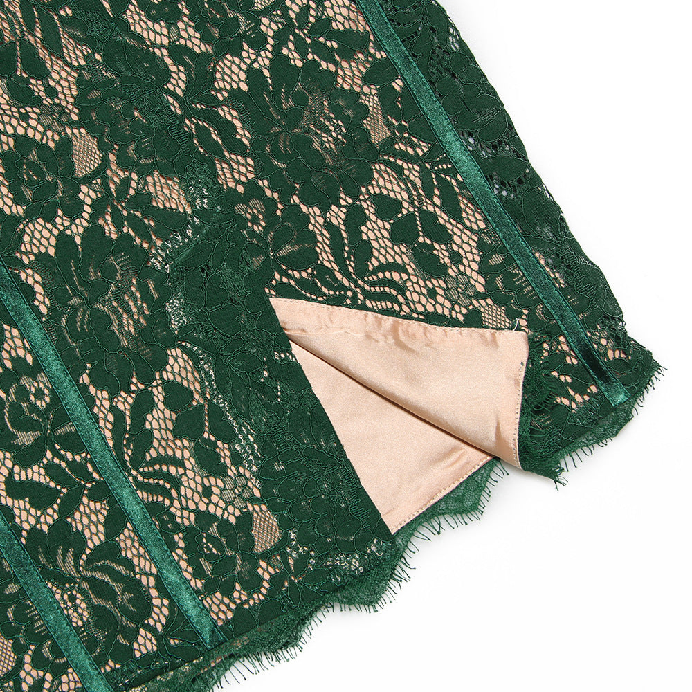 Women's Cocktail Dress Green Lace Tea-Length