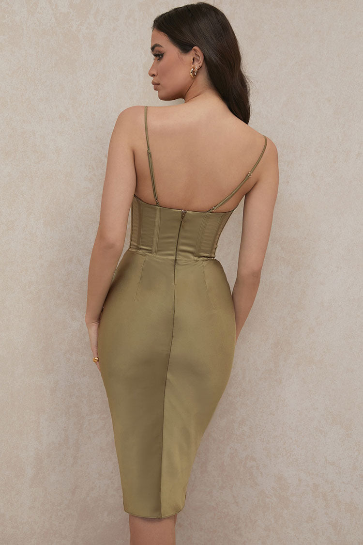 Women's Cocktail Dress Green Satin Cowl Neck Corset