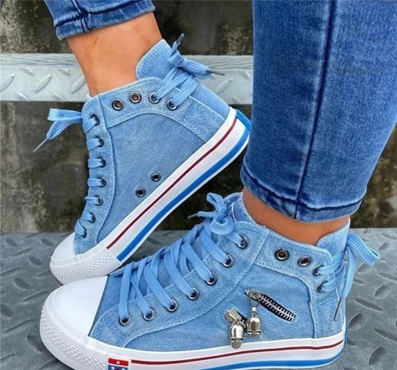 Women's Denim High-Top Sneakers with Lace-Up Closure – Casual Comfortable Footwear