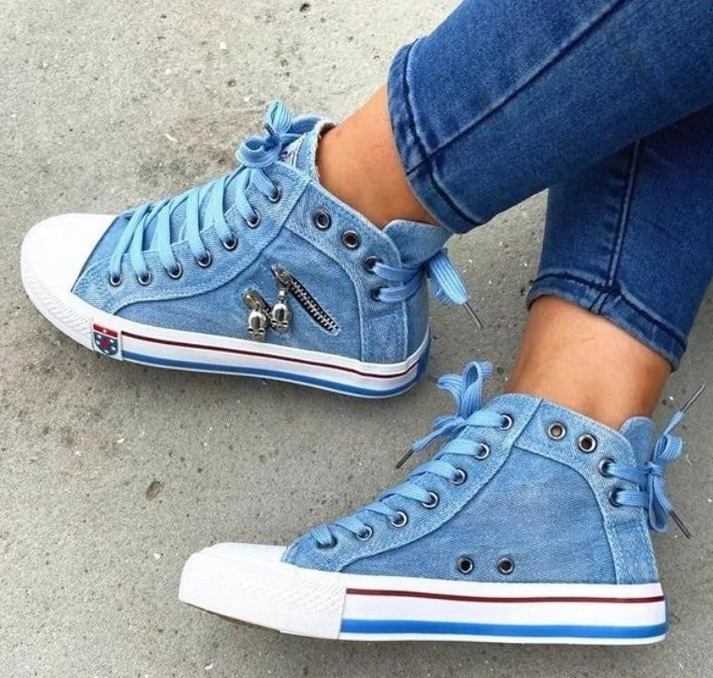 Women's Denim High-Top Sneakers with Lace-Up Closure – Casual Comfortable Footwear