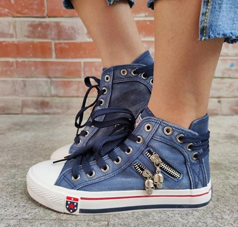 Women's Denim High-Top Sneakers with Lace-Up Closure – Casual Comfortable Footwear