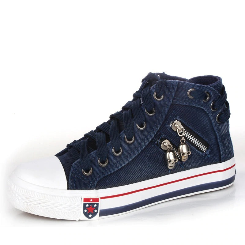 Women's Denim High-Top Sneakers with Lace-Up Closure – Casual Comfortable Footwear