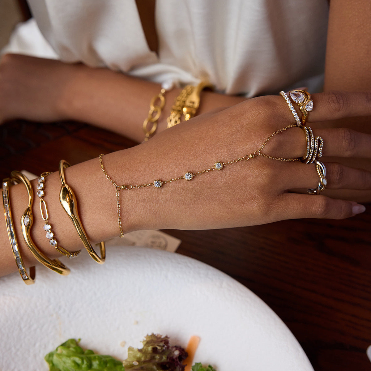 Women's Diamond Hand Chain Gold Stainless Steel