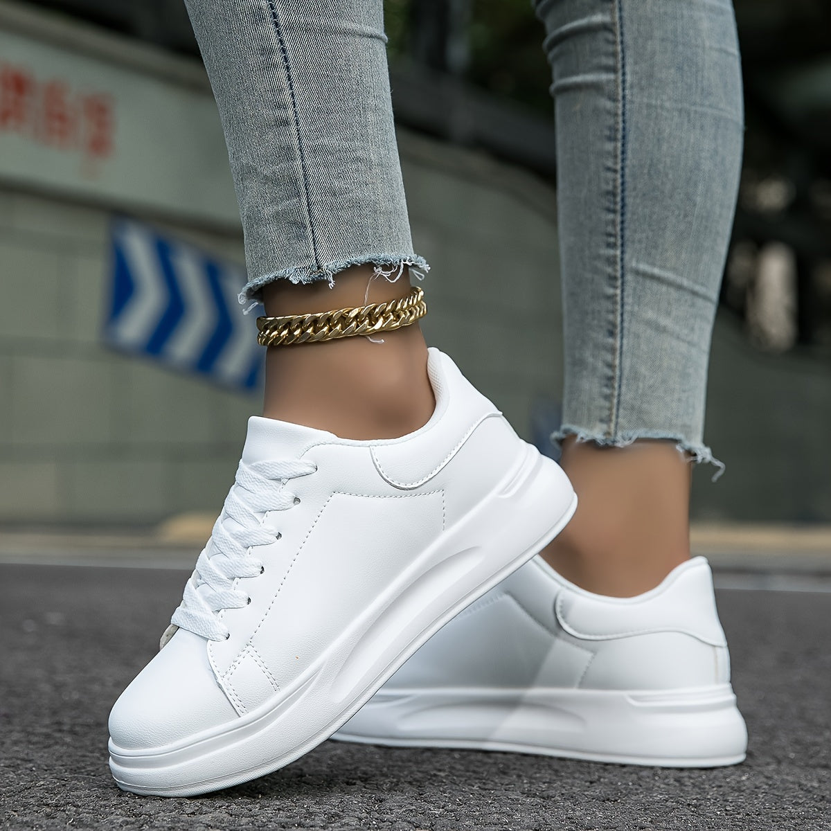 Women's Faux Leather White Sneakers – Minimalist Low-Top Design for All-Day Comfort